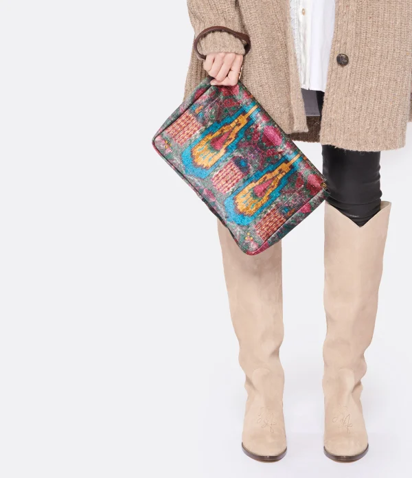 JEROME DREYFUSS Pochette Clic Clac XL Soft Velours Imprimé Ikat, Capsule Velours pas cher en vente 5