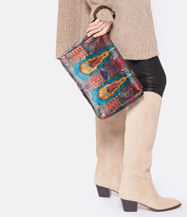 JEROME DREYFUSS Pochette Clic Clac XL Soft Velours Imprimé Ikat, Capsule Velours pas cher en vente 7