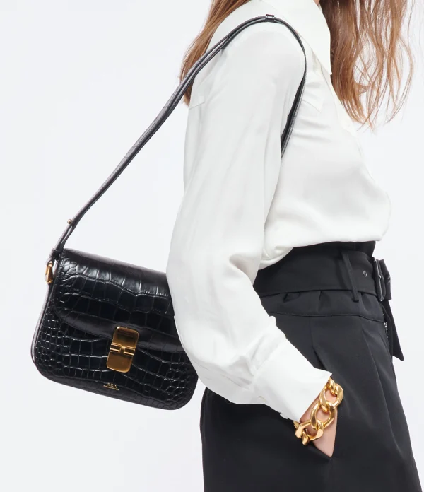 A.P.C. Sac Grace Small Cuir Embossé Croco Noir Retour Facile et Gratuit 6