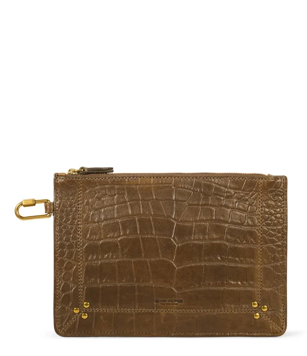 soldes pas cher JEROME DREYFUSS Pochette Popoche M Agneau Croco Kaki 1